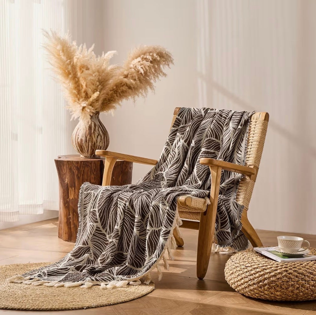 Palm Leaf Cotton Chenille Throw Blanket - Chocolate
