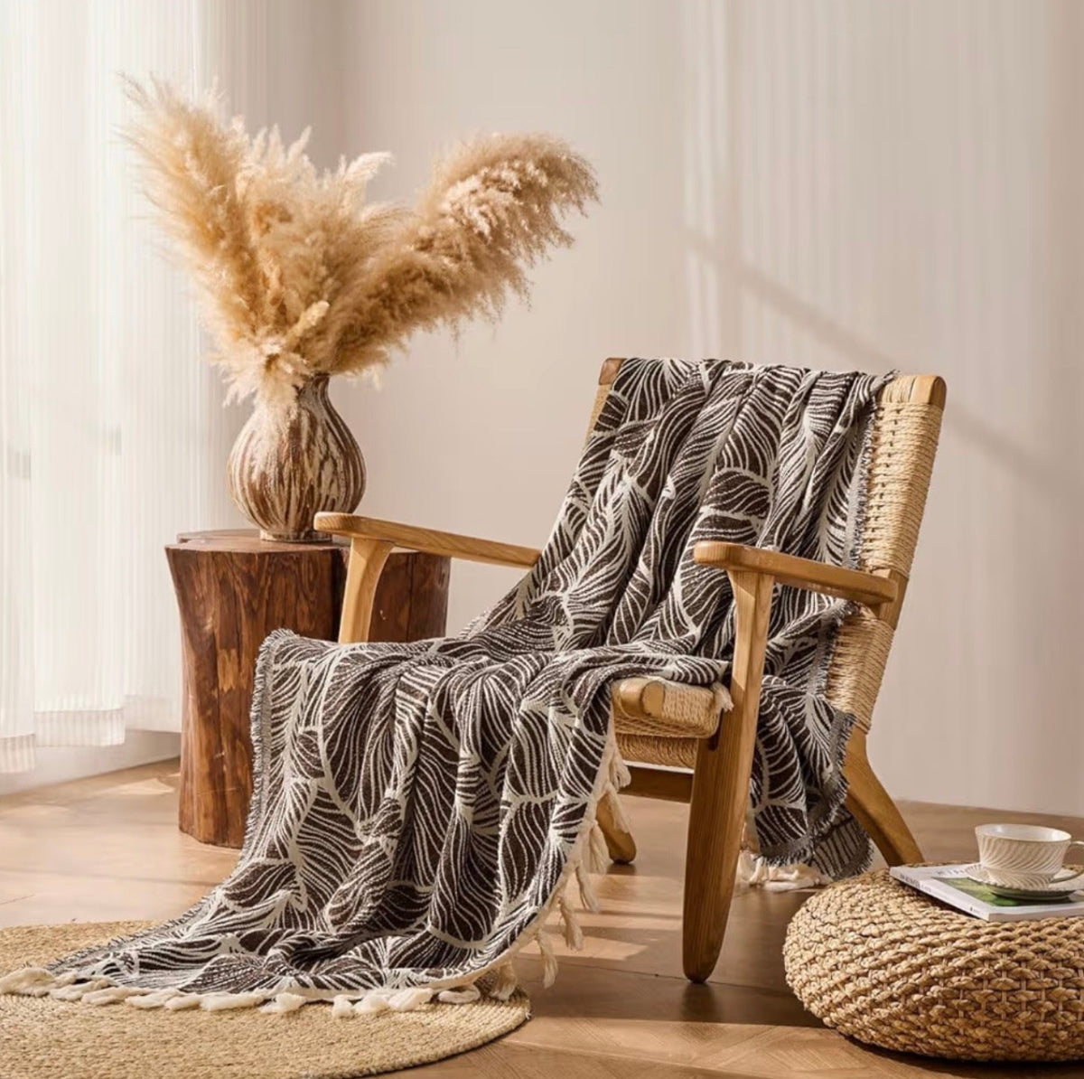 Palm Leaf Cotton Chenille Throw Blanket - Chocolate
