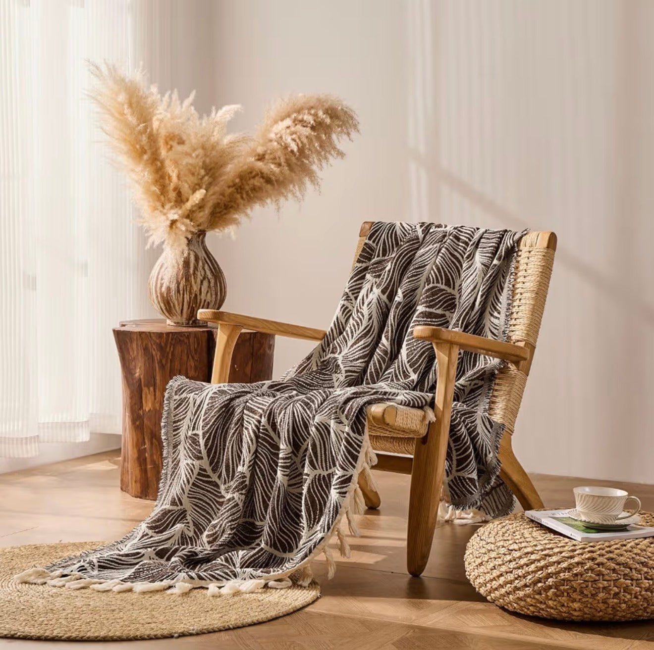 Palm Leaf Cotton Chenille Throw Blanket - Chocolate